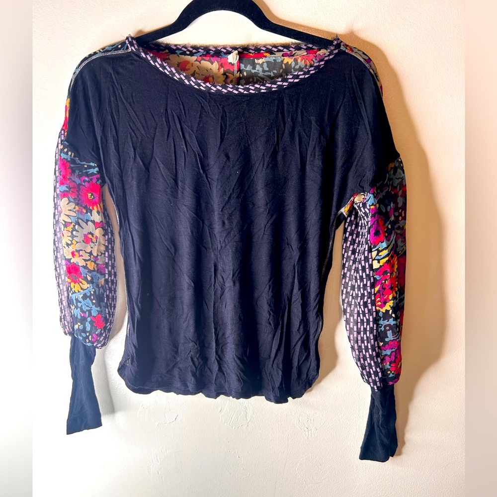 TINY Anthropologie Puffy Sleeve Black Floral Top
